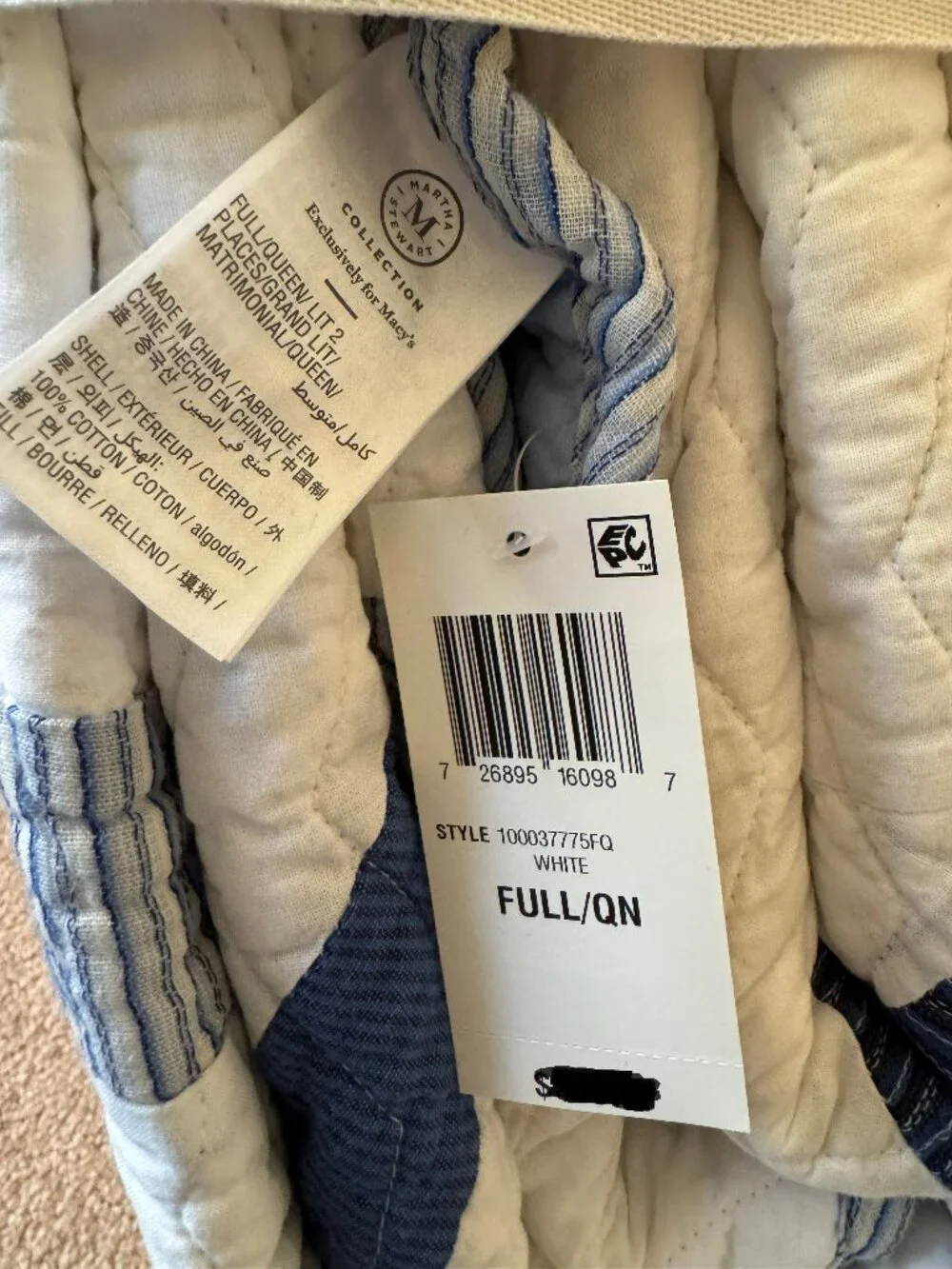 Martha Stewart Cotton Reversible Quilt blanket Full/Queen Blue White Nautical
